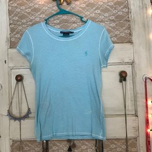 Blue and white striped fitted Ralph Lauren polo